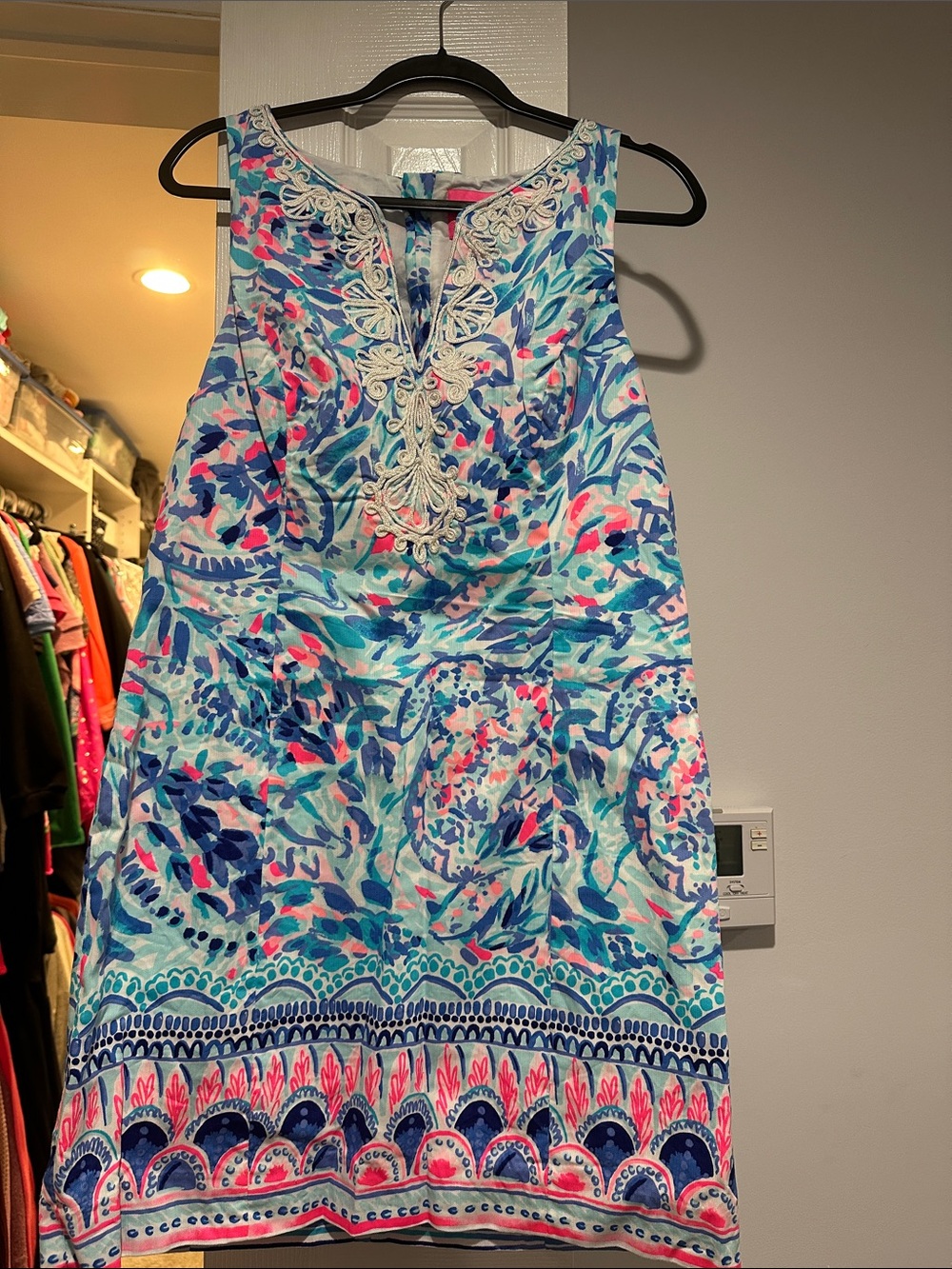 Lilly Pulitzer Aqua Floral Sleeveless Shift Dress with Embroidered Neckline